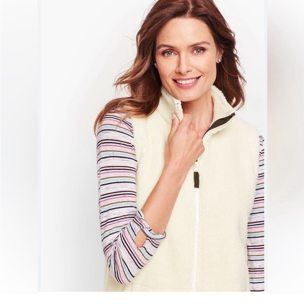 Talbots Full Zip Fleece Vest  Ivory Cream Side Pockets - size Small -Sherpa